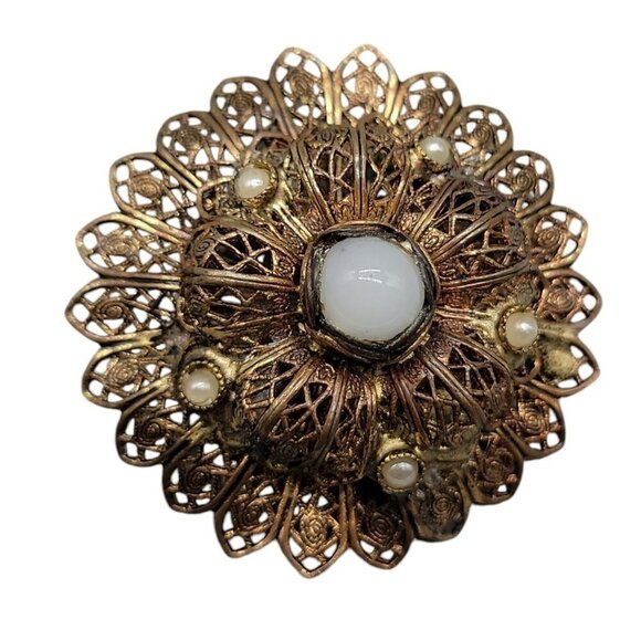 Miriam Haskell Style Brooch Filigree Round Puffy Faux Pearl Brass Tone Unsigned - Picture 1 of 9